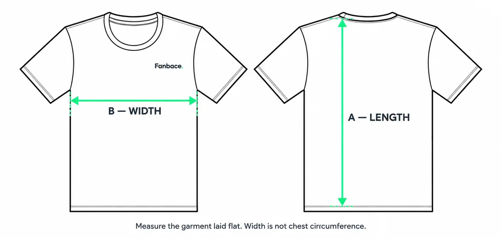 Fanbace T-shirt measuring guide: shoulder-to-hem length and flat chest width.